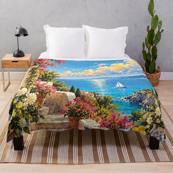 Item preview, Mediterranean Seaside Village Floral Coastal Art designed and sold by Gold Turtle  Lina.