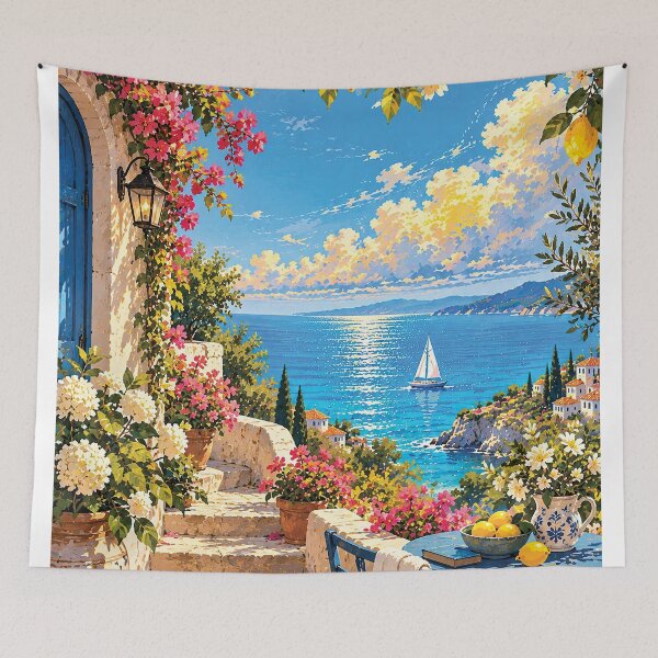 Item preview, Mediterranean Seaside Village Floral Coastal Art designed and sold by Gold Turtle  Lina.