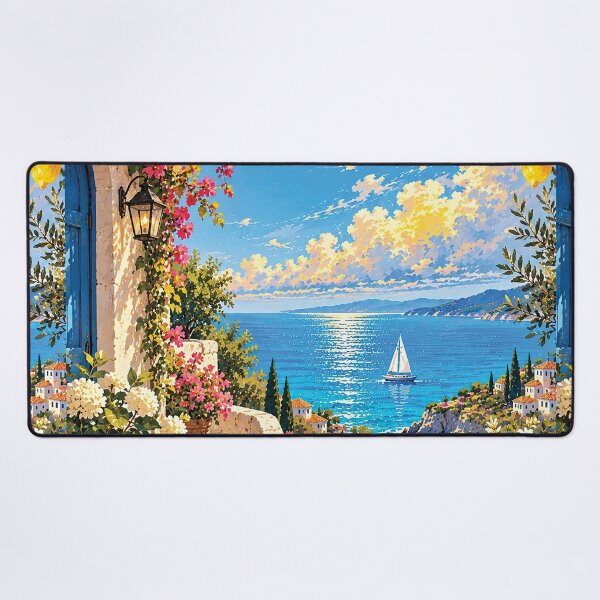 Item preview, Mediterranean Seaside Village Floral Coastal Art designed and sold by Gold Turtle Lina.