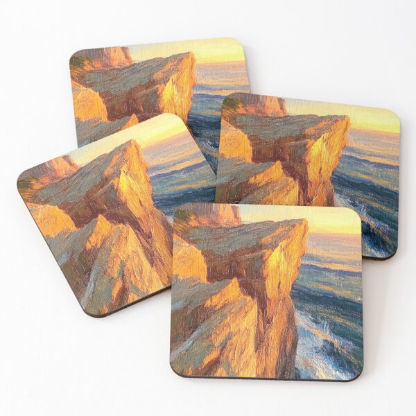 Item preview, Golden Hour Sea Cliff Coastal Sunset Oil Painting designed and sold by OpenFieldNotes.