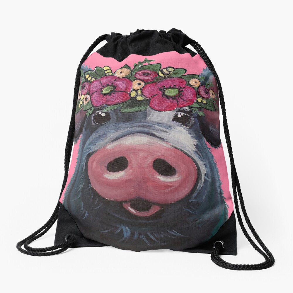 Cute Pig Art, Pig with Flower Crown Art, LuLu pig art Drawstring Bag