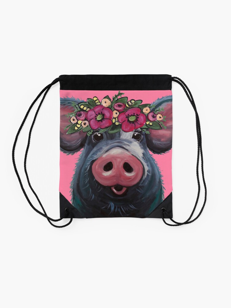 Alternate view of Cute Pig Art, Pig with Flower Crown Art, LuLu pig art Drawstring Bag