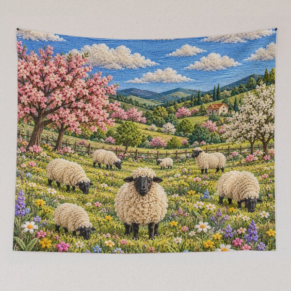 Item preview, Embroidered Sheep Meadow – Cottagecore Landscape designed and sold by GSizzle1.