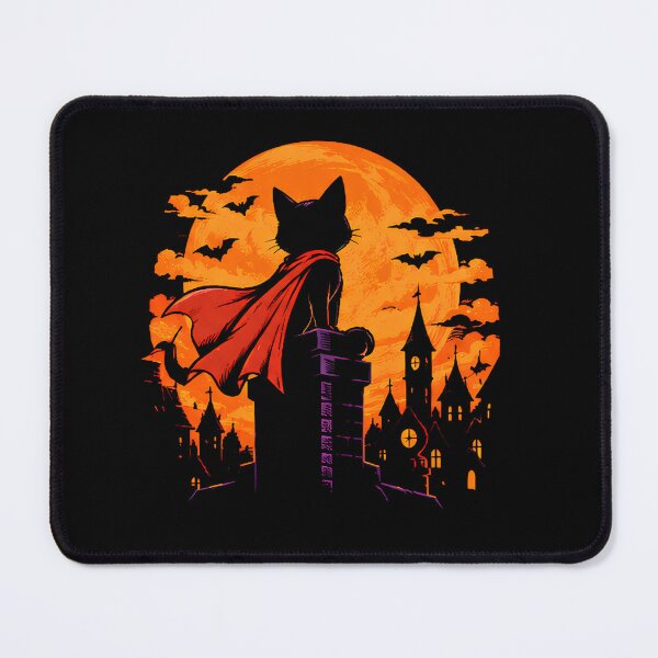 Item preview, Superhero Cat Halloween Castle Moon Cape Fantasy Art designed and sold by Retro Whiskers.