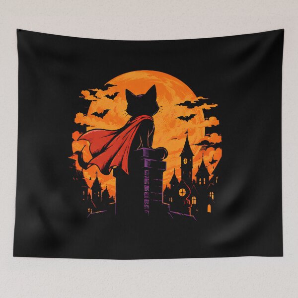 Item preview, Superhero Cat Halloween Castle Moon Cape Fantasy Art designed and sold by Retro Whiskers.