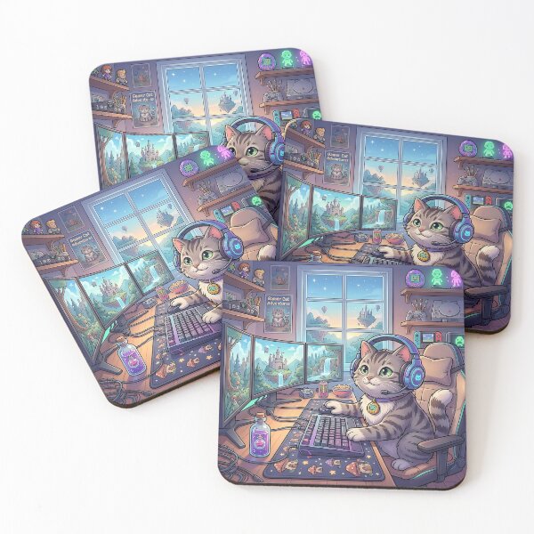 Item preview, Cute Tabby Gamer Cat Setup Illustration designed and sold by TamagotchiArt.