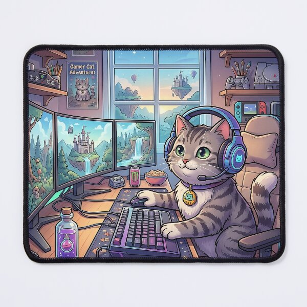 Item preview, Cute Tabby Gamer Cat Setup Illustration designed and sold by TamagotchiArt.
