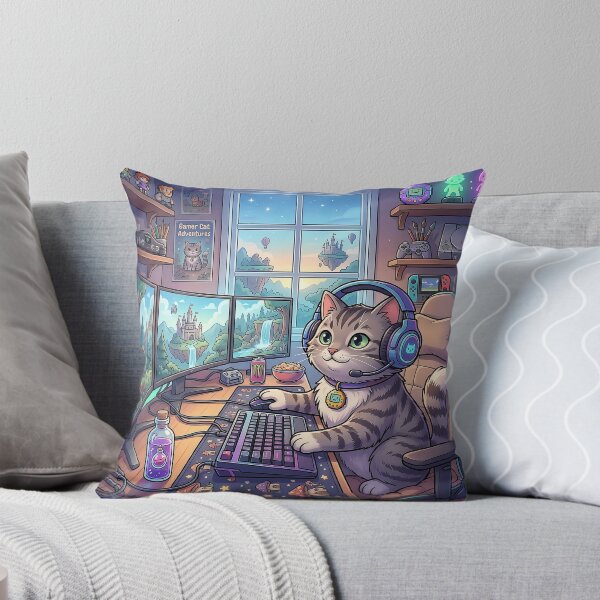 Item preview, Cute Tabby Gamer Cat Setup Illustration designed and sold by TamagotchiArt.