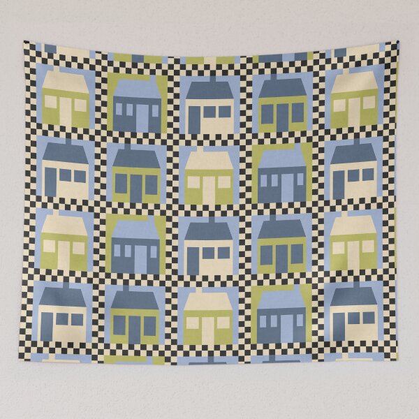 Item preview, Little School house Green and Blue Patchwork Quilt designed and sold by FrancesPoff.