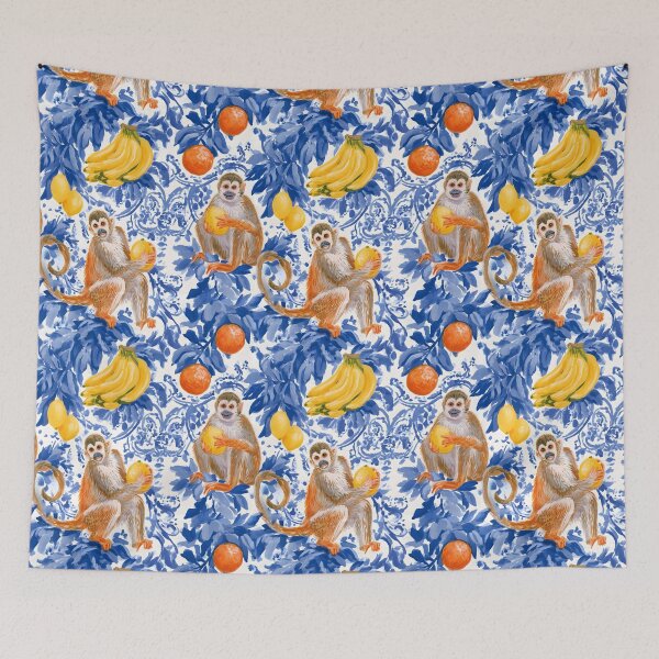 Item preview, Chinoiserie monkeys on blue and white toile designed and sold by SophieClimaArt.