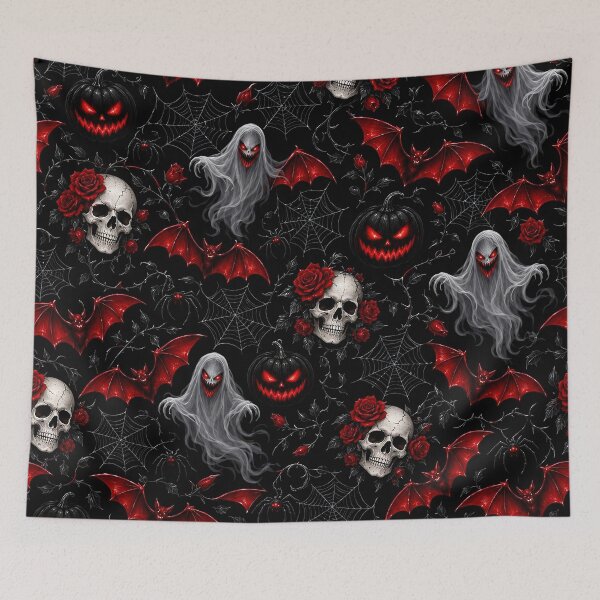 Item preview, Dark Gothic Halloween Skull, Ghost & Red Bat Pattern designed and sold by IMuDesigner.