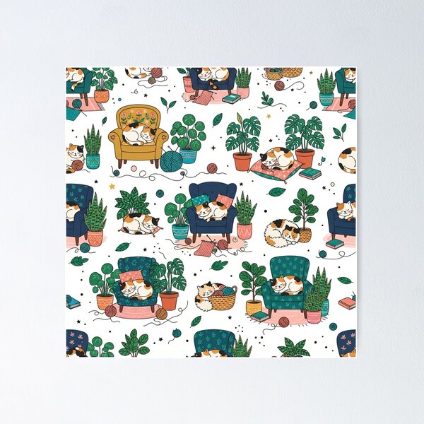 Item preview, Cozy Sleeping Cats And Houseplants Pattern designed and sold by Owcomm.