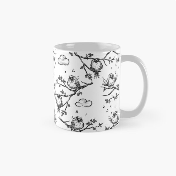 Item preview, Sketch of singing birds on a tree branch in spring, vintage black-and-white style, birds among clouds. designed and sold by ArtbySvetik.
