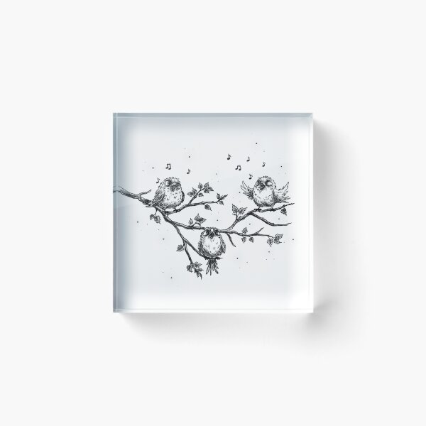 Item preview, Sketch of singing birds on a tree branch in spring, vintage black-and-white style, birds among clouds. designed and sold by ArtbySvetik.