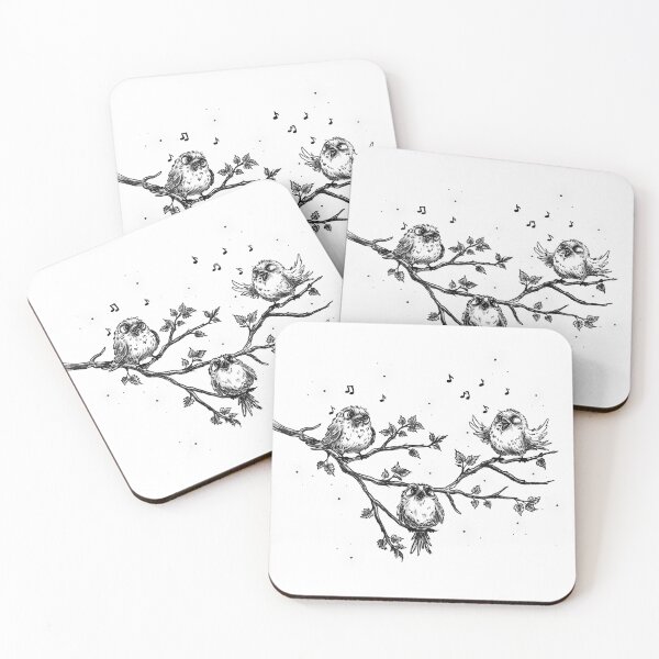 Item preview, Sketch of singing birds on a tree branch in spring, vintage black-and-white style, birds among clouds. designed and sold by ArtbySvetik.