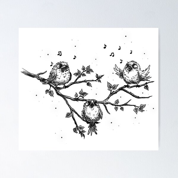 Item preview, Sketch of singing birds on a tree branch in spring, vintage black-and-white style, birds among clouds. designed and sold by ArtbySvetik.