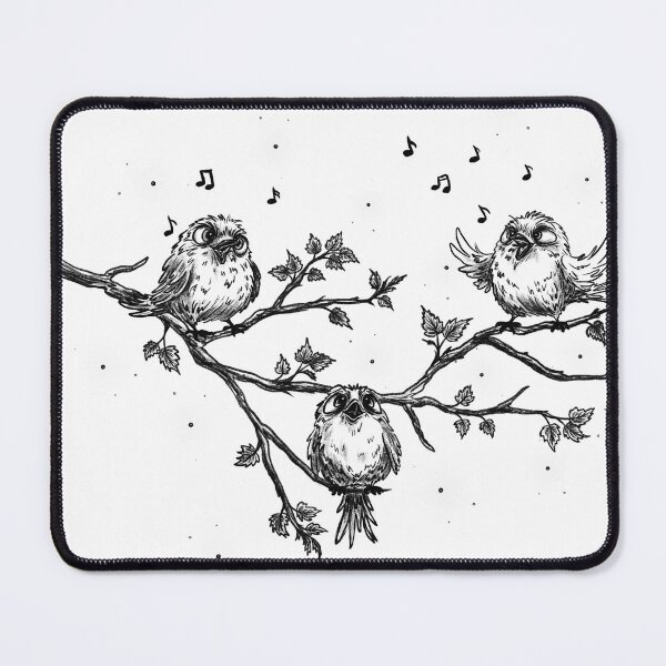 Item preview, Sketch of singing birds on a tree branch in spring, vintage black-and-white style, birds among clouds. designed and sold by ArtbySvetik.
