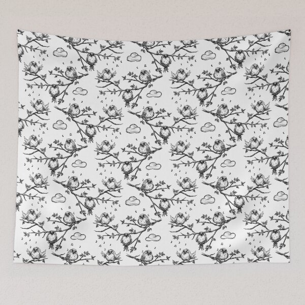 Item preview, Sketch of singing birds on a tree branch in spring, vintage black-and-white style, birds among clouds. designed and sold by ArtbySvetik.