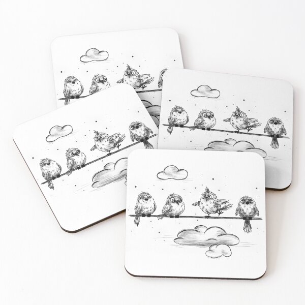 Item preview, Sketch of funny birds on a wire, vintage black-and-white style, birds in the clouds. designed and sold by ArtbySvetik.
