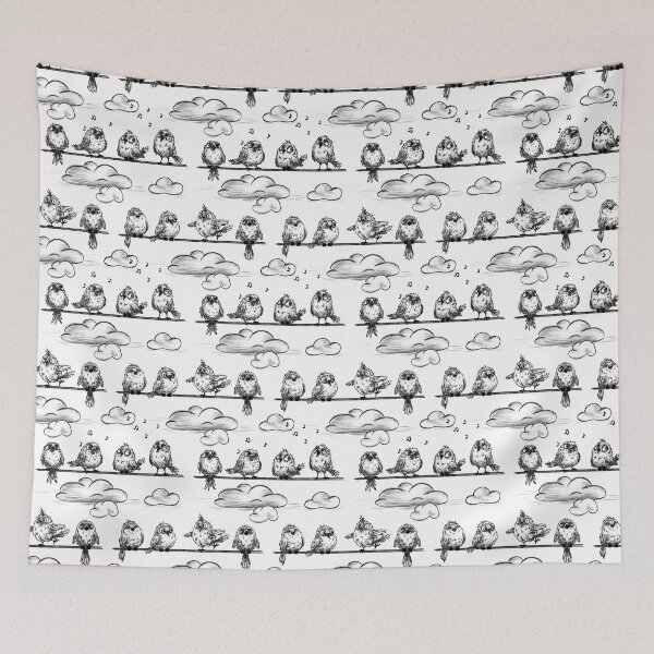 Item preview, Sketch of funny birds on a wire, vintage black-and-white style, birds in the clouds. designed and sold by ArtbySvetik.