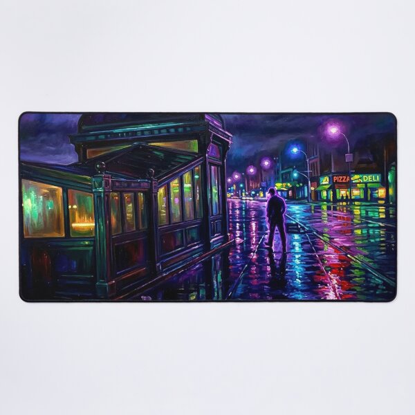Item preview, Subway Entrance at Night - Rain-Slicked NYC Street Impressionist Painting designed and sold by CleverCulture.