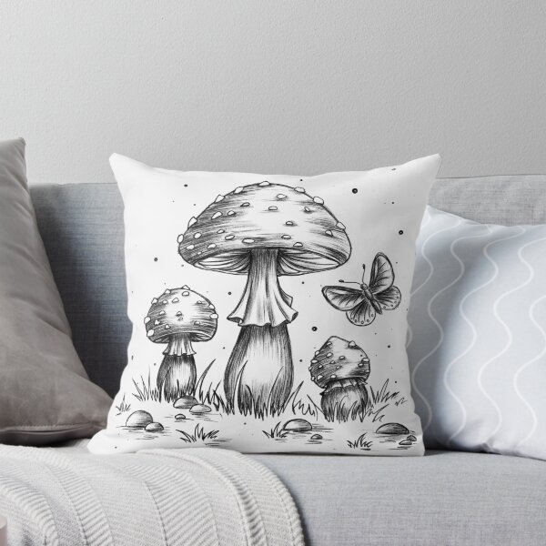 Item preview, Boho-cottagecore style mushroom T-shirt, fly agaric mushroom tee, gift for mushroom lovers, vintage-style botanical print T-shirt, cute whimsical woodland-themed tee. Black and white. designed and sold by ArtbySvetik.