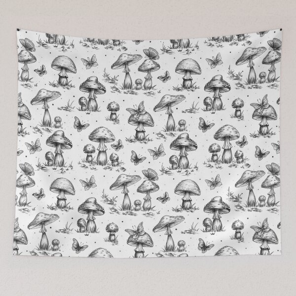 Item preview, Boho-cottagecore style mushroom T-shirt, fly agaric mushroom tee, gift for mushroom lovers, vintage-style botanical print T-shirt, cute whimsical woodland-themed tee. Black and white. designed and sold by ArtbySvetik.