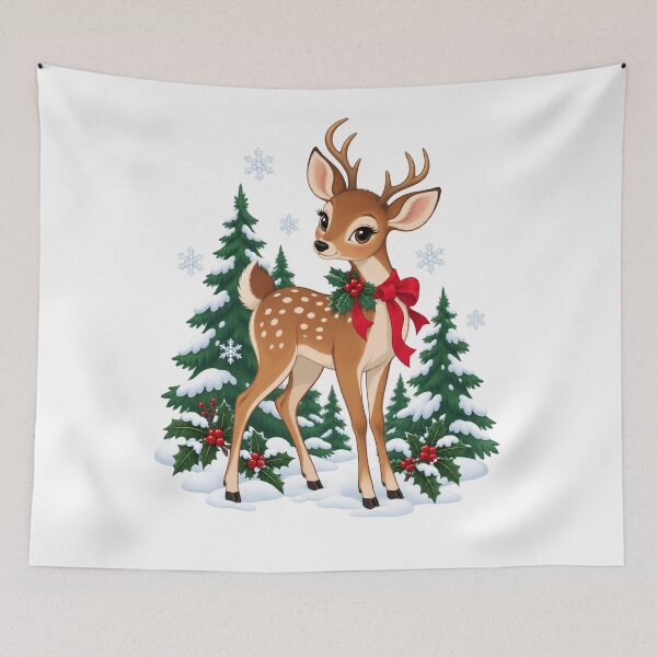 Item preview, Christmas Deer with Red Bow and Snowy Trees designed and sold by skyartdesign.