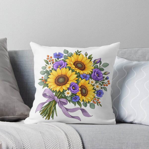 Aperçu de l'œuvre Sunflower Wildflower Bouquet with Purple Ribbon créée et vendue par skyartdesign.