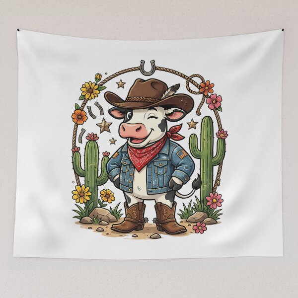 Item preview, Cute Cowboy Cow Western Cartoon Cactus Floral Retro Country Farm T-Shirt Design designed and sold by StudioGamingFin.