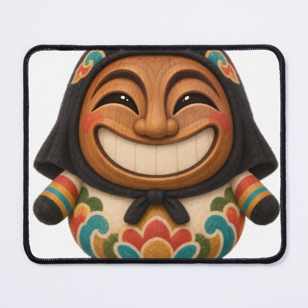 Item preview, Traditional Hahoe Mask With a Warm Wood-grain Face, Crescent Eyes, a Broad Smile, and a Black Cloth Hood. — Marker-style Digital Illustration designed and sold by radou88.