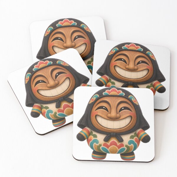 Item preview, Traditional Hahoe Mask With a Warm Wood-grain Face, Crescent Eyes, a Broad Smile, and a Black Cloth Hood. — Marker-style Digital Illustration designed and sold by radou88.