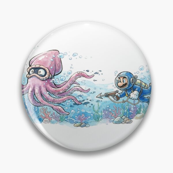 Item preview, Mario, decked out in a retro diving suit and flippers, wields a speargun while chasing a giant, panic-stricken Blooper squid. designed and sold by gorillazone_co.