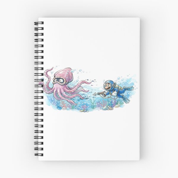 Item preview, Mario, decked out in a retro diving suit and flippers, wields a speargun while chasing a giant, panic-stricken Blooper squid. designed and sold by gorillazone_co.