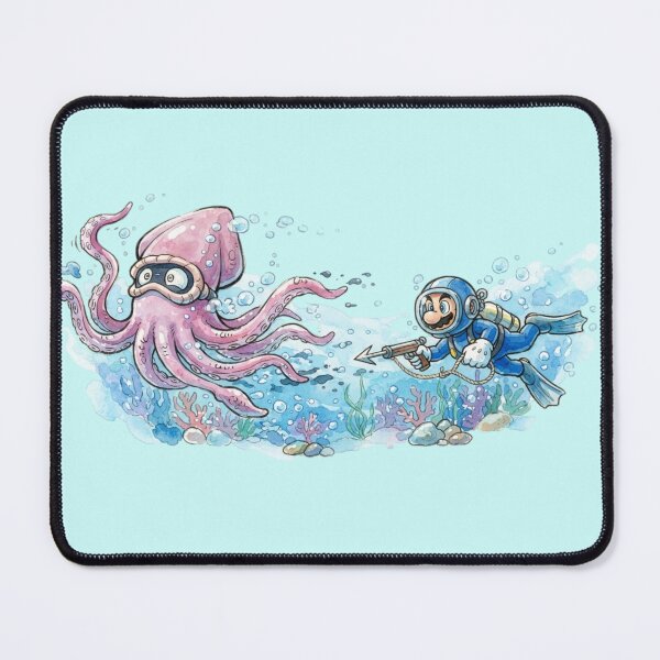 Item preview, Mario, decked out in a retro diving suit and flippers, wields a speargun while chasing a giant, panic-stricken Blooper squid. designed and sold by gorillazone_co.