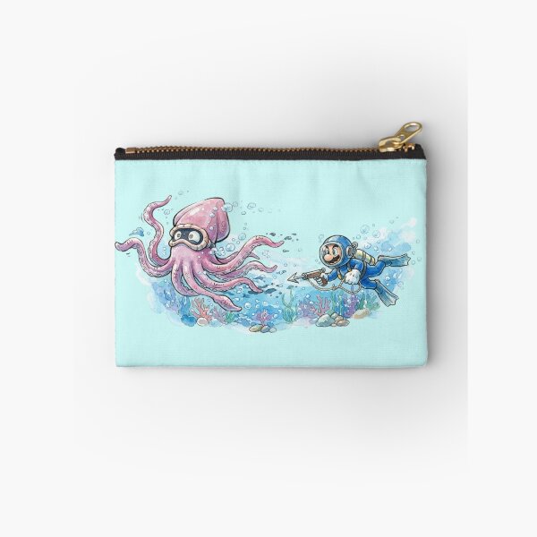 Item preview, Mario, decked out in a retro diving suit and flippers, wields a speargun while chasing a giant, panic-stricken Blooper squid. designed and sold by gorillazone_co.