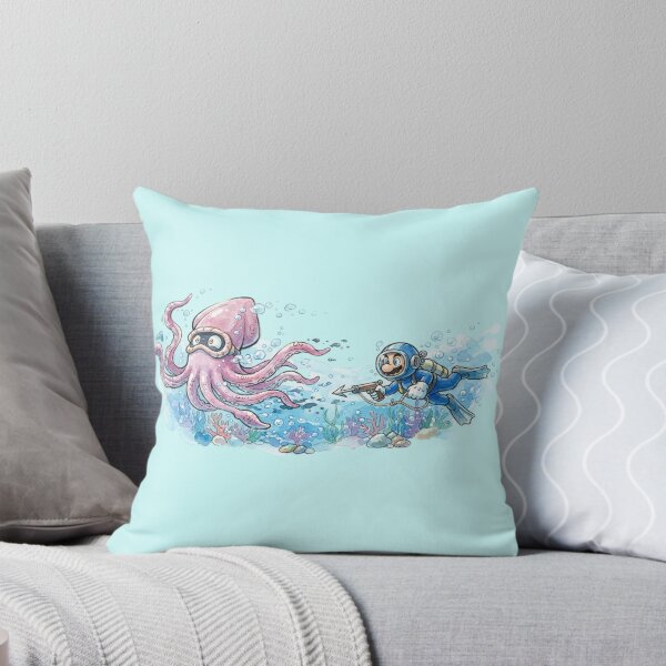 Item preview, Mario, decked out in a retro diving suit and flippers, wields a speargun while chasing a giant, panic-stricken Blooper squid. designed and sold by gorillazone_co.