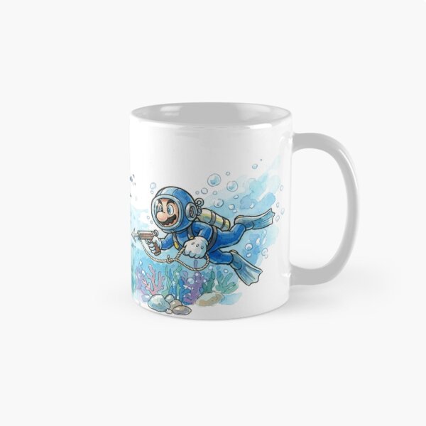 Item preview, Mario, decked out in a retro diving suit and flippers, wields a speargun while chasing a giant, panic-stricken Blooper squid. designed and sold by gorillazone_co.