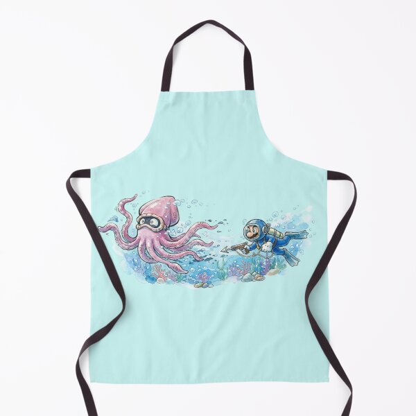Item preview, Mario, decked out in a retro diving suit and flippers, wields a speargun while chasing a giant, panic-stricken Blooper squid. designed and sold by gorillazone_co.