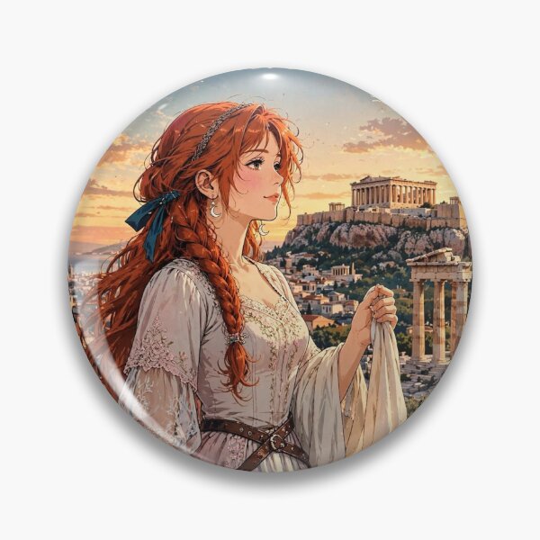 Item preview, Greece Athens Acropolis with an Elegant Redhead Traveler in a Flowing White Dress, Ancient Ruins and Golden Mediterranean Sunset designed and sold by DibujandoPorfa.