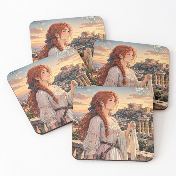 Item preview, Greece Athens Acropolis with an Elegant Redhead Traveler in a Flowing White Dress, Ancient Ruins and Golden Mediterranean Sunset designed and sold by DibujandoPorfa.