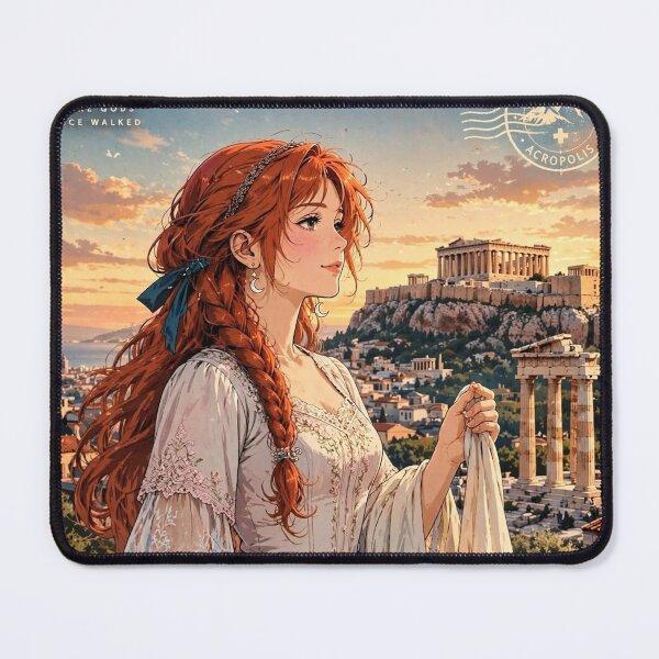 Item preview, Greece Athens Acropolis with an Elegant Redhead Traveler in a Flowing White Dress, Ancient Ruins and Golden Mediterranean Sunset designed and sold by DibujandoPorfa.