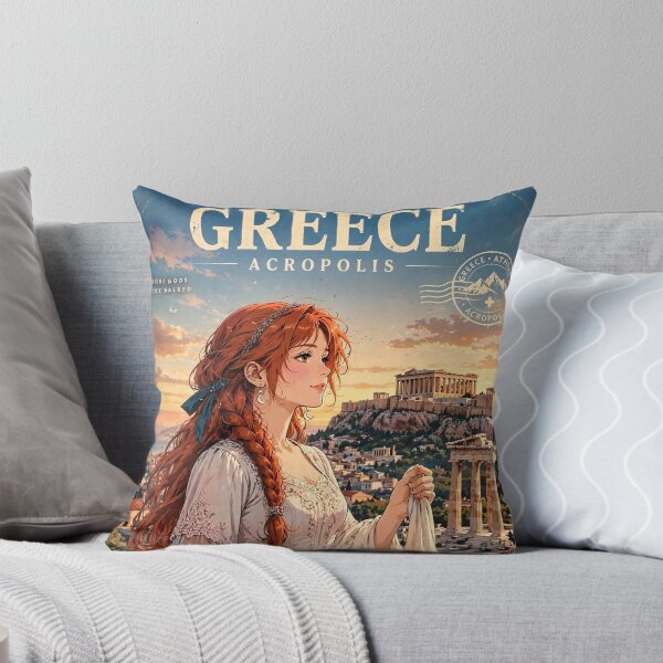 Item preview, Greece Athens Acropolis with an Elegant Redhead Traveler in a Flowing White Dress, Ancient Ruins and Golden Mediterranean Sunset designed and sold by DibujandoPorfa.