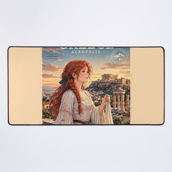 Item preview, Greece Athens Acropolis with an Elegant Redhead Traveler in a Flowing White Dress, Ancient Ruins and Golden Mediterranean Sunset designed and sold by DibujandoPorfa.