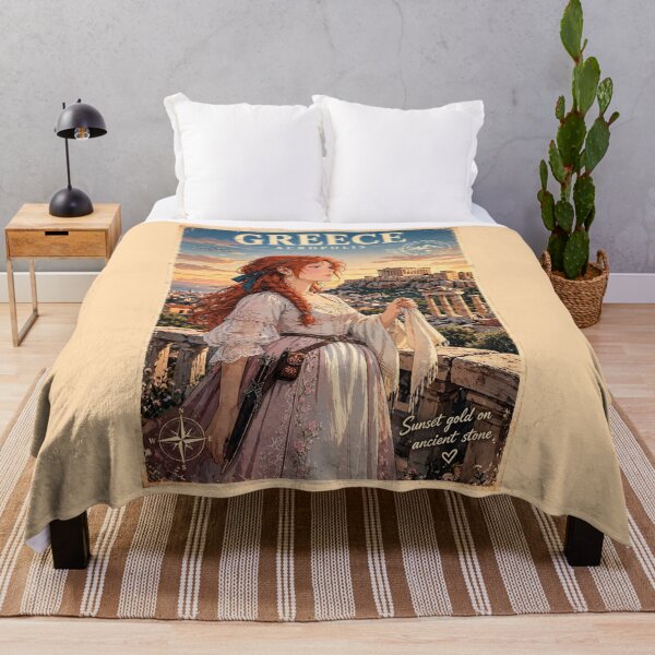 Item preview, Greece Athens Acropolis with an Elegant Redhead Traveler in a Flowing White Dress, Ancient Ruins and Golden Mediterranean Sunset designed and sold by DibujandoPorfa.