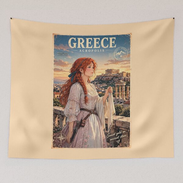 Item preview, Greece Athens Acropolis with an Elegant Redhead Traveler in a Flowing White Dress, Ancient Ruins and Golden Mediterranean Sunset designed and sold by DibujandoPorfa.