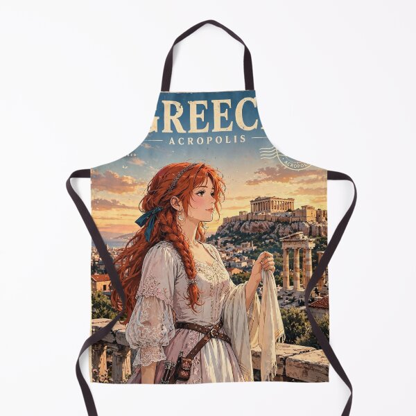 Item preview, Greece Athens Acropolis with an Elegant Redhead Traveler in a Flowing White Dress, Ancient Ruins and Golden Mediterranean Sunset designed and sold by DibujandoPorfa.