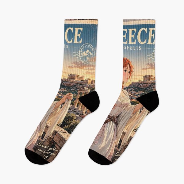Item preview, Greece Athens Acropolis with an Elegant Redhead Traveler in a Flowing White Dress, Ancient Ruins and Golden Mediterranean Sunset designed and sold by DibujandoPorfa.