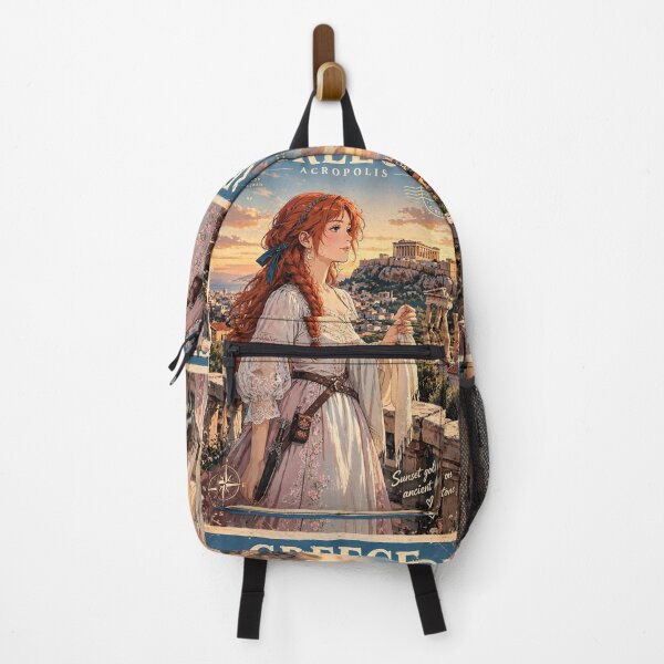 Item preview, Greece Athens Acropolis with an Elegant Redhead Traveler in a Flowing White Dress, Ancient Ruins and Golden Mediterranean Sunset designed and sold by DibujandoPorfa.