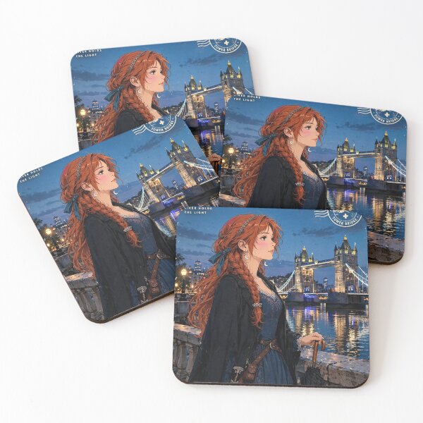 Item preview, United Kingdom London Tower Bridge with a Mysterious Redhead Traveler in Elegant Dark Blue Fashion, River Thames and Evening City Lights designed and sold by DibujandoPorfa.